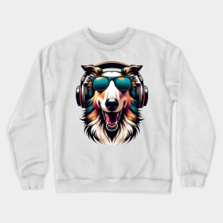 Grinning Borzoi as Smiling DJ with Headphones Crewneck Sweatshirt